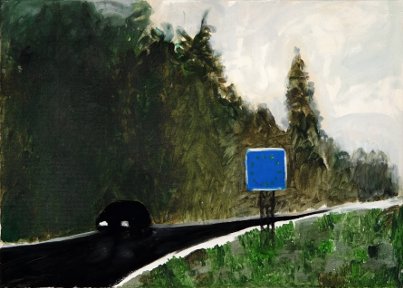 Silke Markefka: &raquo;Grenz&uuml;bergang Griesen, bei Garmisch, zwischen Garmisch und Ehrwald, Grenze Deutschland / &Ouml;sterreich (I)&laquo;, Acryl auf Leinwand, 50 x 70 cm, 2008